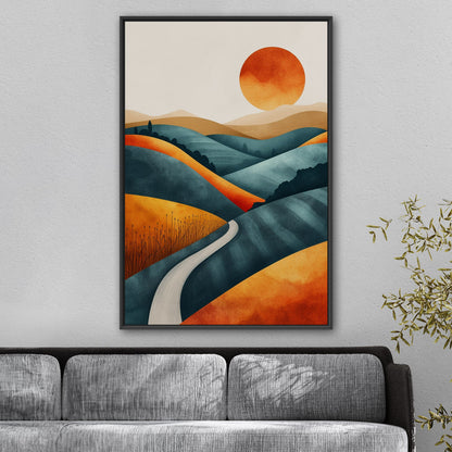 Abstract Hills at Sunset in Orange and Blue - Vivid Dreamscape: Path to Serenity