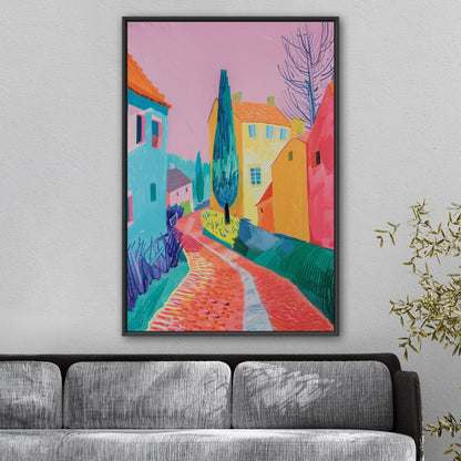 Village Street with Buildings in Vibrant Colors - Tranquil Stroll Escape