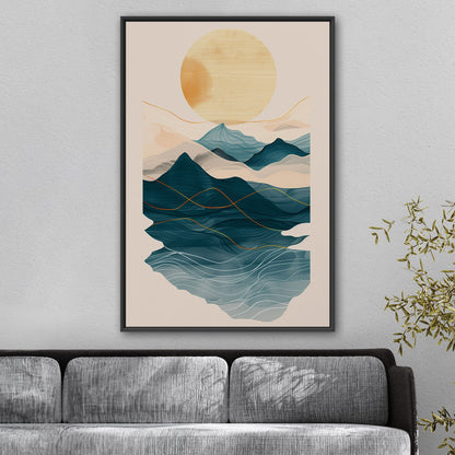 Abstract wall art featuring ocean waves, mountains, and sun - Tranquil Nature Revival