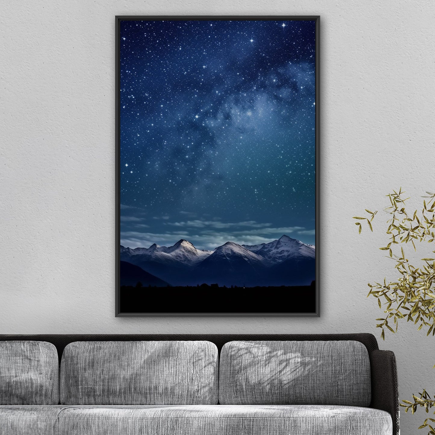 Painting of Star-filled Sky at night with Mountains as Backdrop - Starry Serenity at Midnight