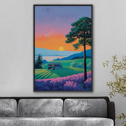 Vintage sunset house on canvas - Serenity Sunset Glow