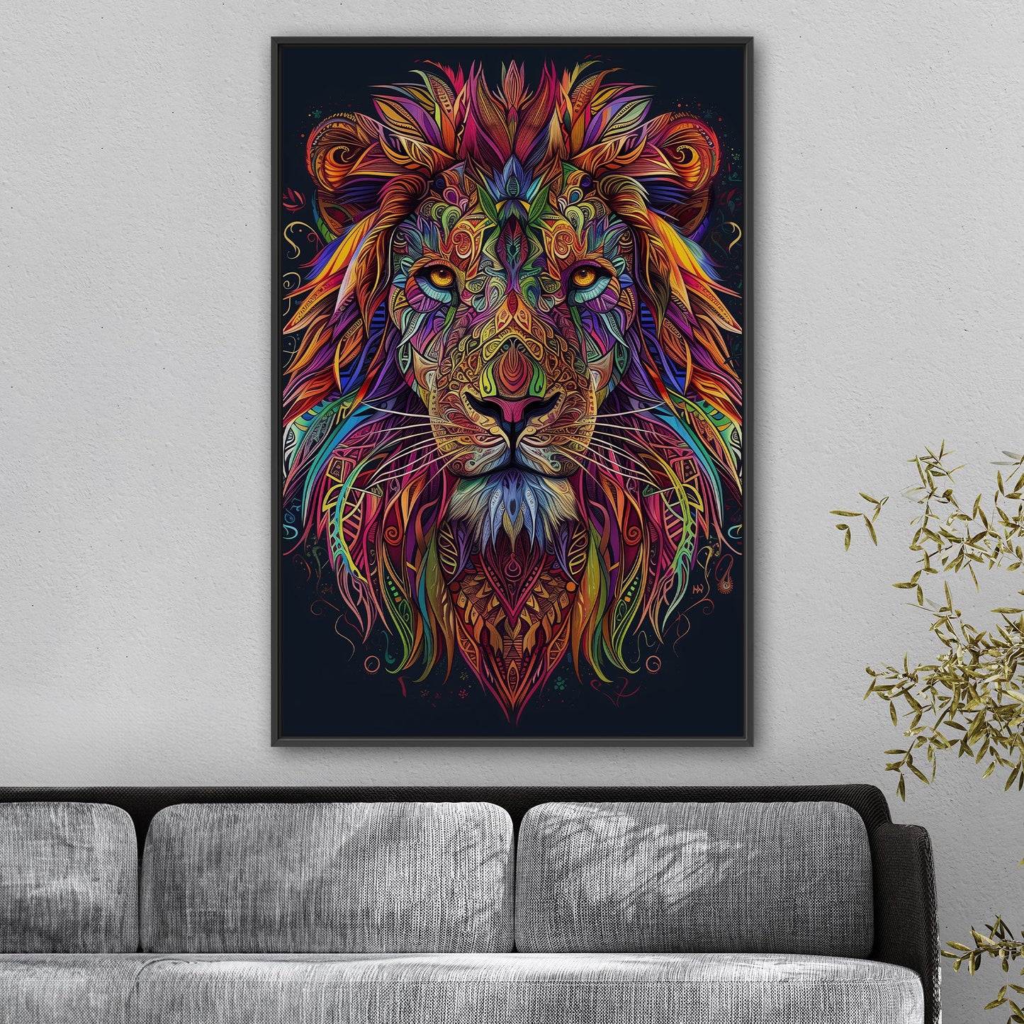 Multicolor Vibrant Digital Drawing of Majestic Lion Face - Lion's Vibrant Mandala Dance