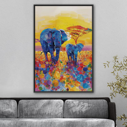 Impressionist Elephant with Child Wandering the Sahara - Elephant Bonding at Sunset