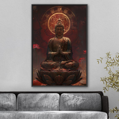 Buddha Statue in Lotus Position, Red Hues - Serene Ascension