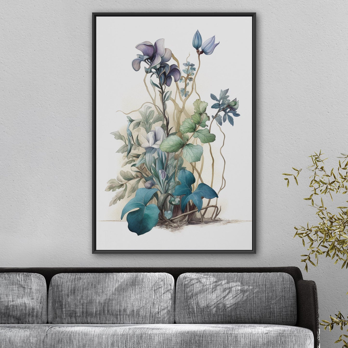 Watercolor of Wildflowers in Blues, Teals and Greens - Botanical Elegance