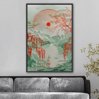 Asian Paper cut style landscape art - Ethereal Willow Dance on Crimson River