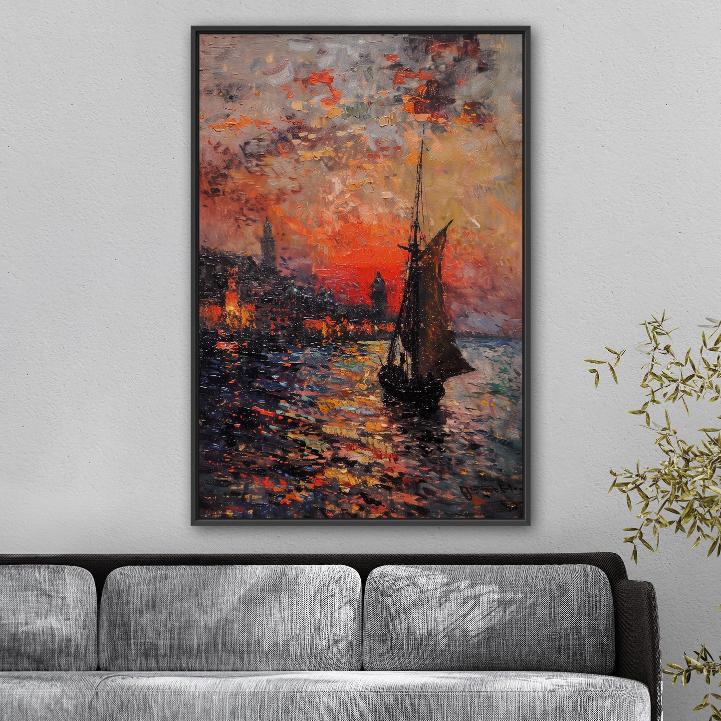 Impressionist Landscape of Sailboat Arriving at a Town - Sunset Dreams Over Lisbon Skyline Monetized