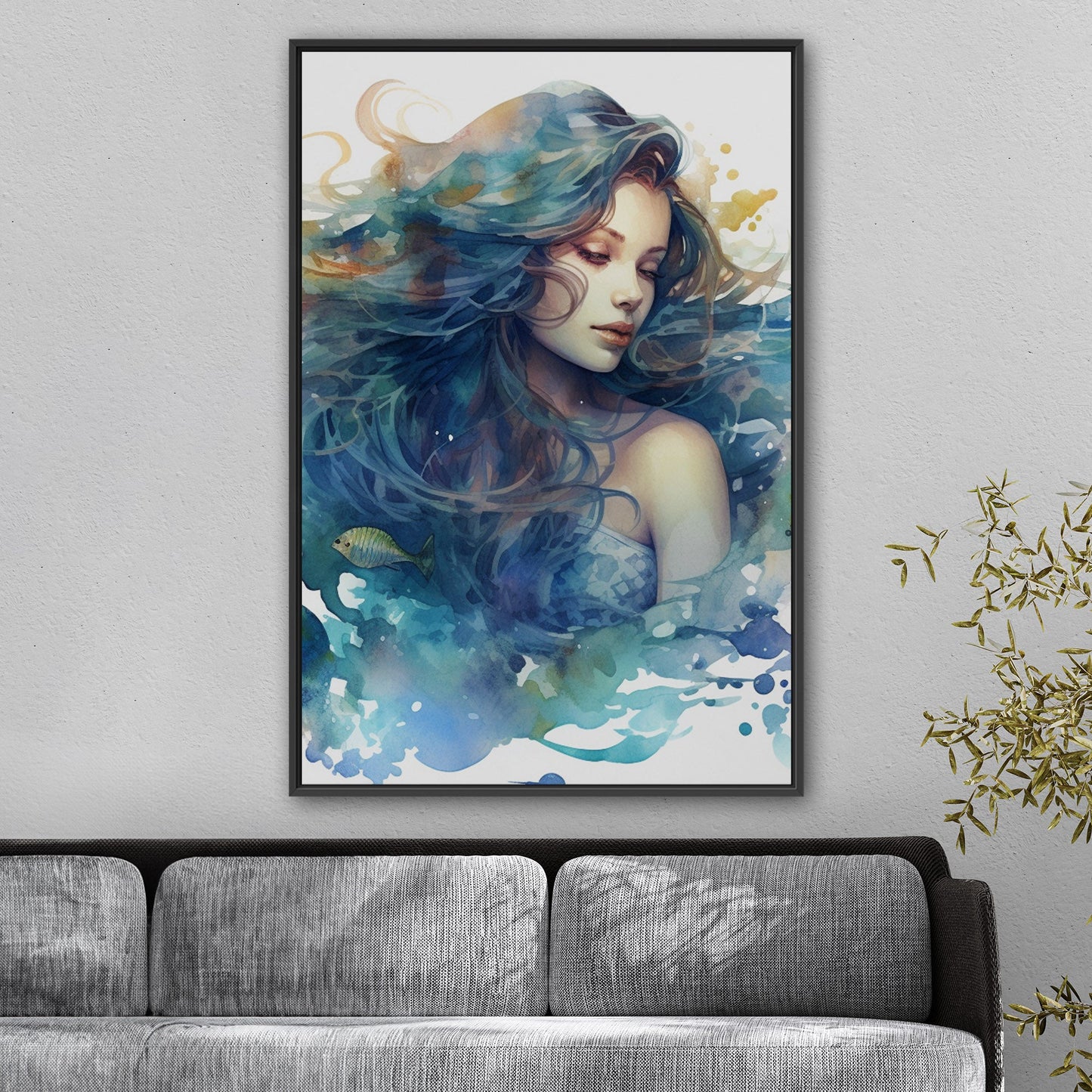 Watercolor Mermaid Portrait in Blue - Enchanting Mermaid's Mystical Underwater Dance