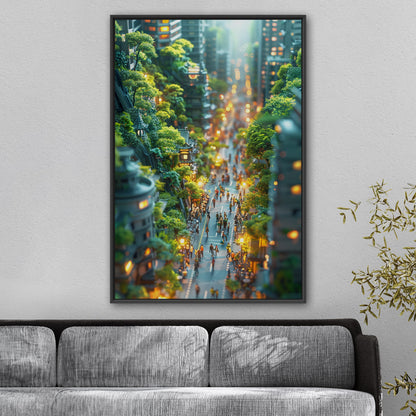 Tilt-shift image of a miniature city street with trees and little people - Avenue of Dreams