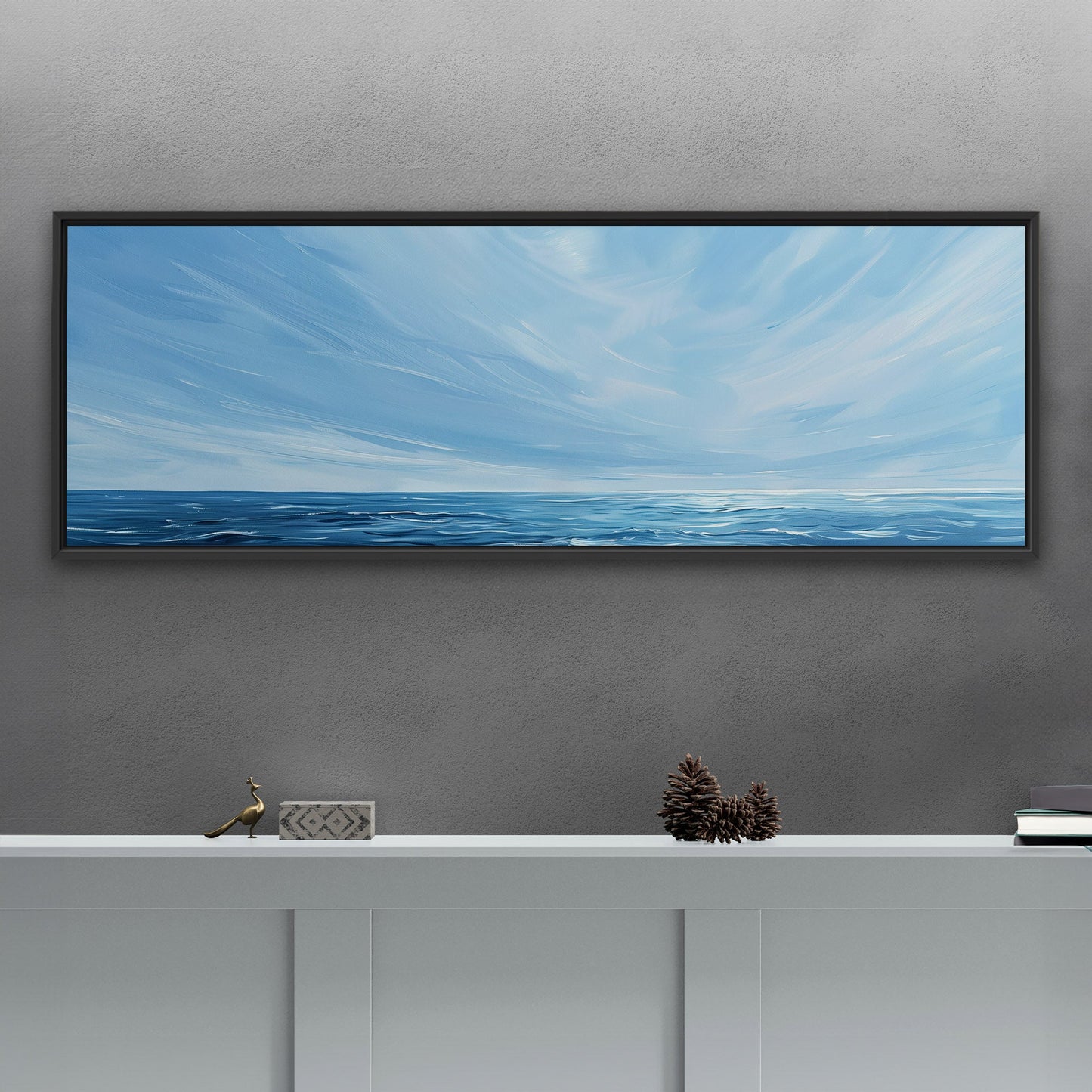 Minimalist abstract brush stroke painting of ocean and blue sky - Tranquil Seaside Serenity