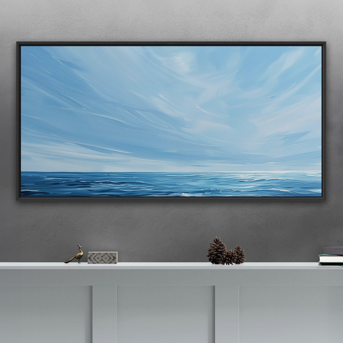 Minimalist abstract brush stroke painting of ocean and blue sky - Tranquil Seaside Serenity