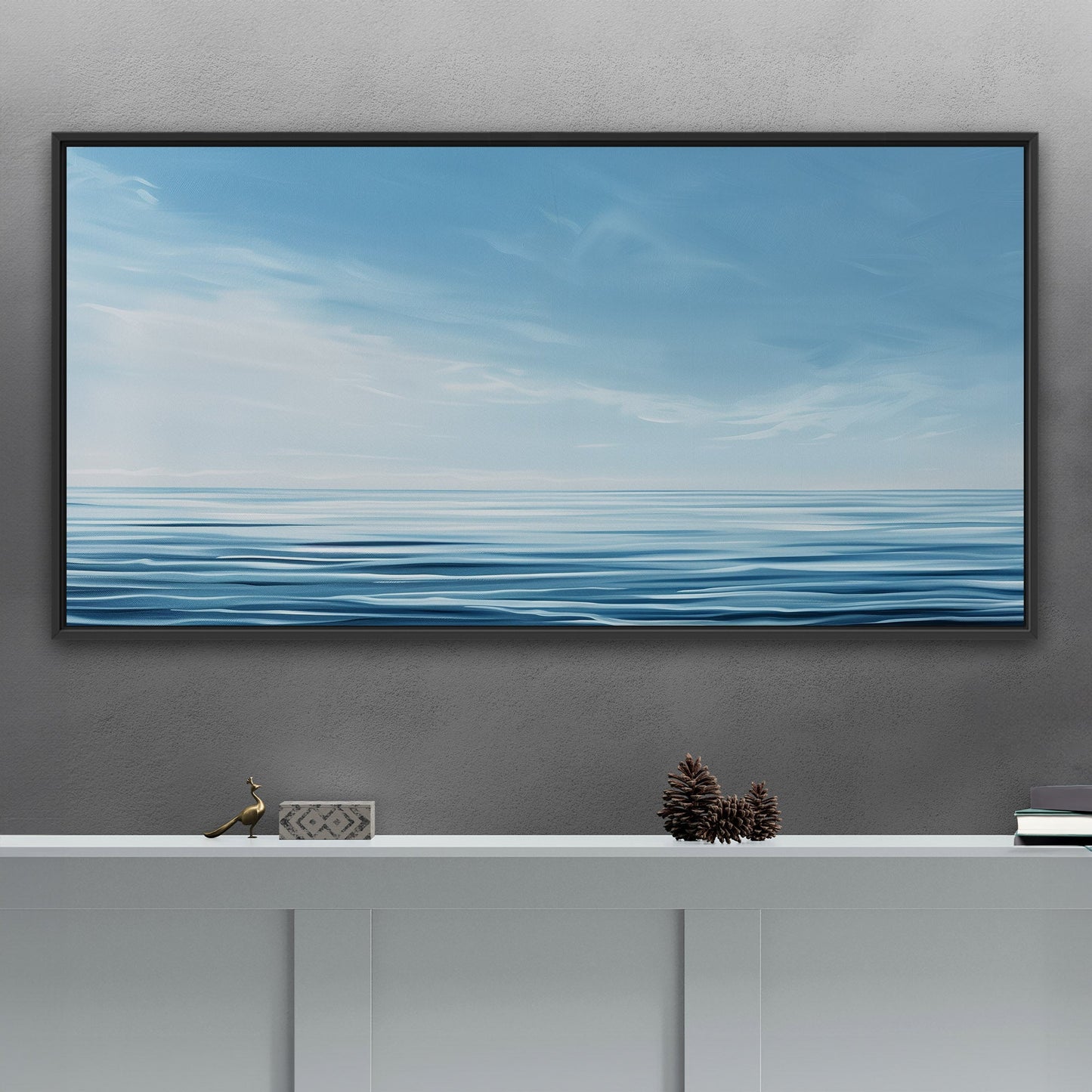 Minimalist abstract brush stroke painting of ocean and blue sky - Tranquil Serenity