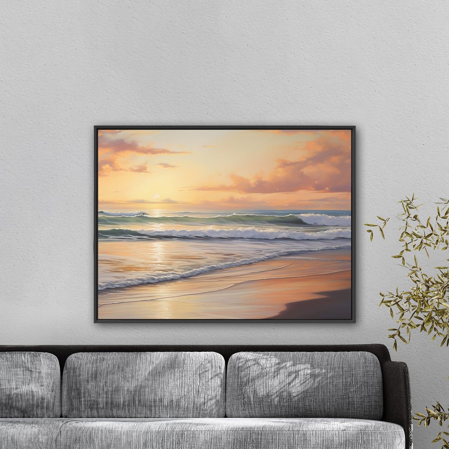 Coastal Beach Painting at Sunset - Golden Coast Sunset Serenity