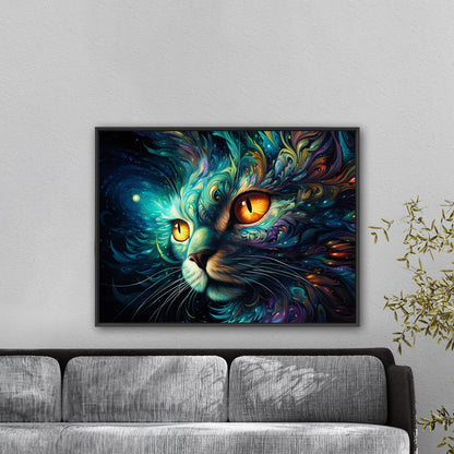 Psychedelic black cat portrait exuding mystery - Cosmic Enchantment