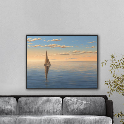 Lone Sailboat at Sunset Painting - Tranquil Sails on the Vast Horizon