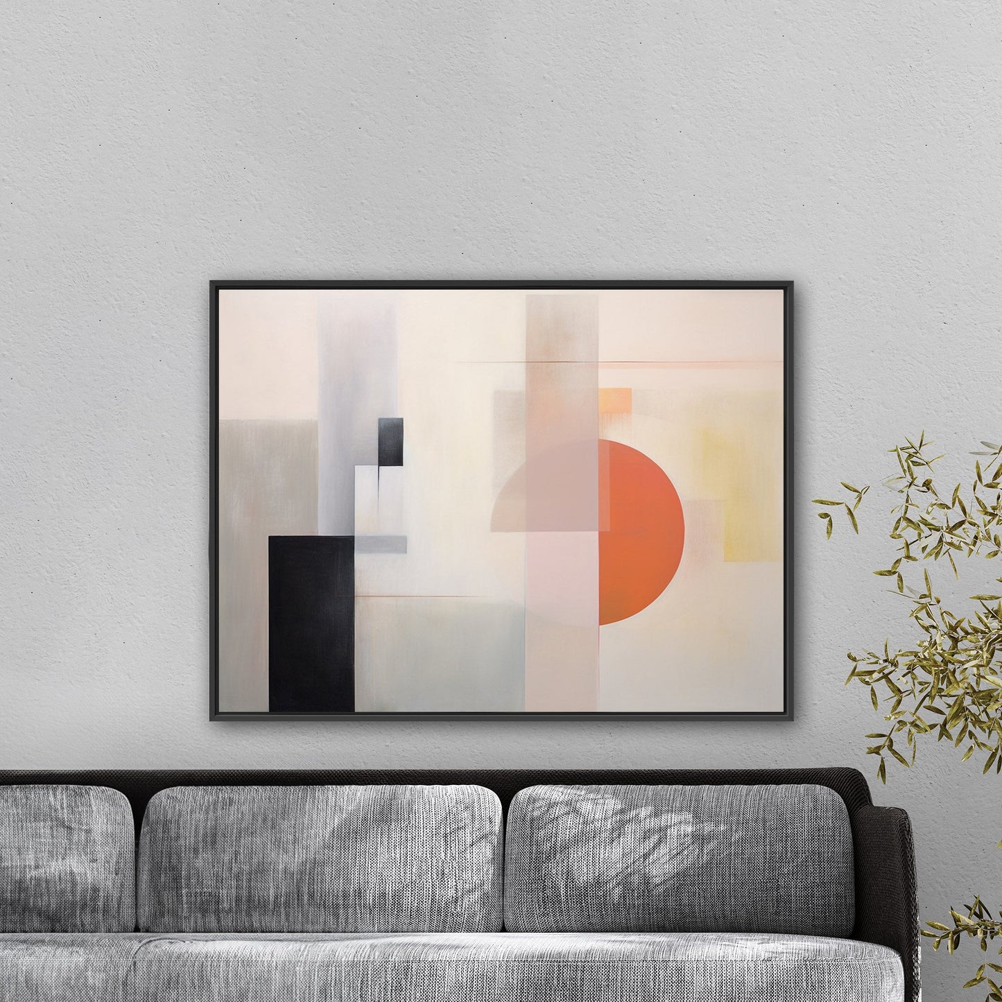 Abstract Geometric Black, Grey, Orange Shapes Painting - Mystic Horizon