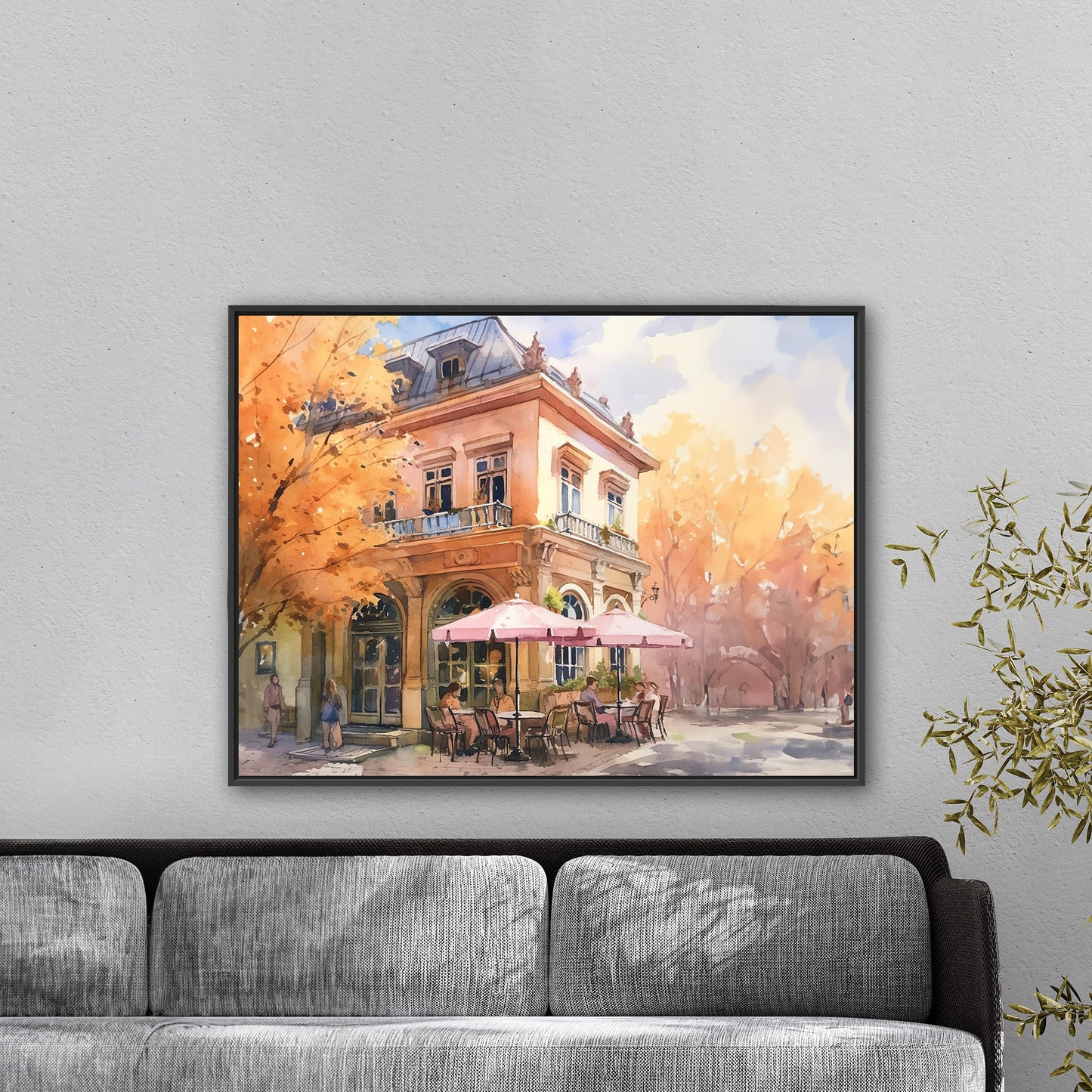 Watercolor Painting of a Cozy Autumn Café in the Style of Tim Hildebrandt - Autumn Café