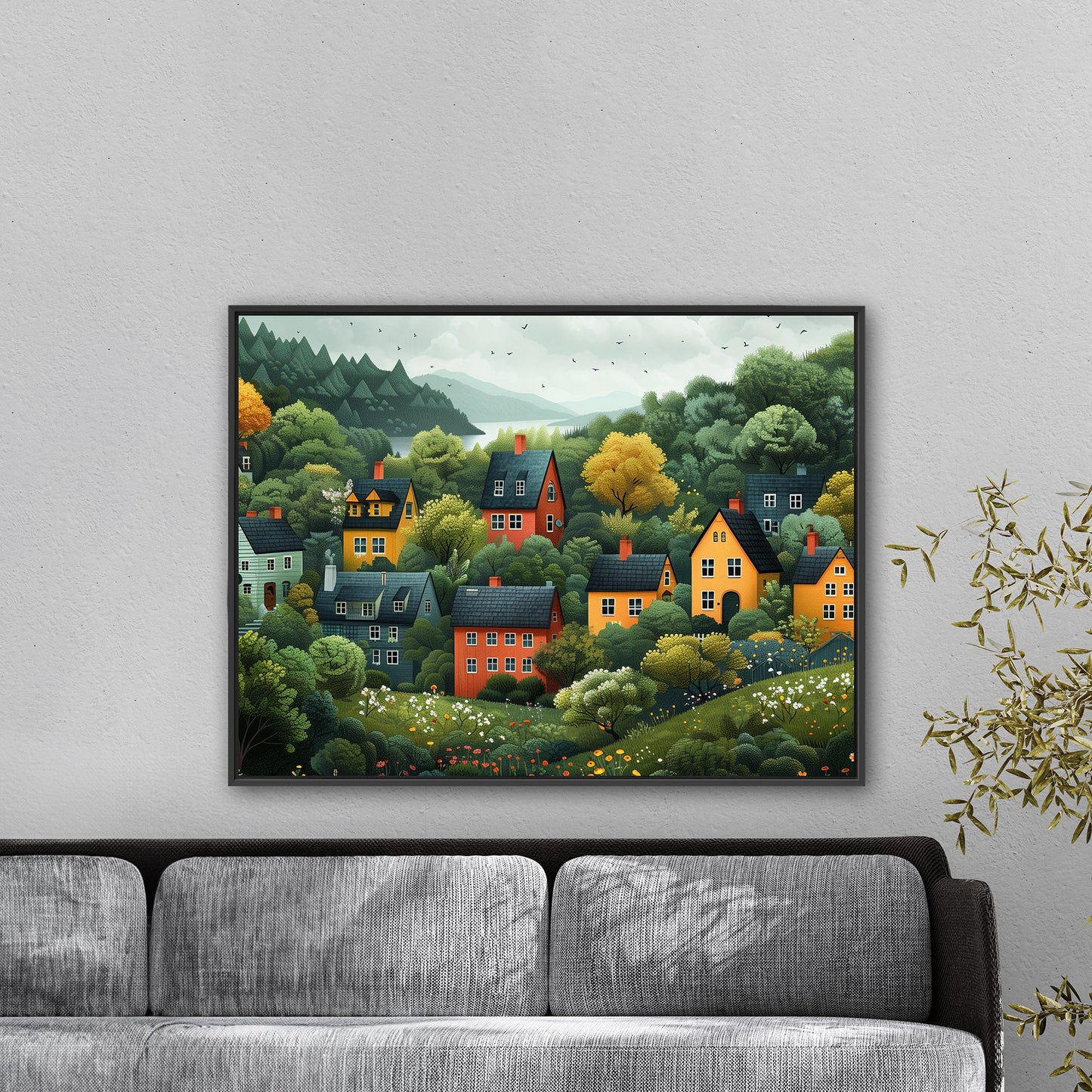 Naive art style illustration of a cute neighborhood down a hill by a lake. - Enchanting Lakeside Village