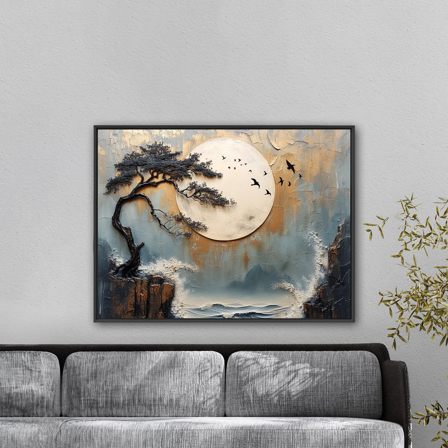 Textured Asian Painting Style Landscape - Tranquil Unity: A Balanced Journey