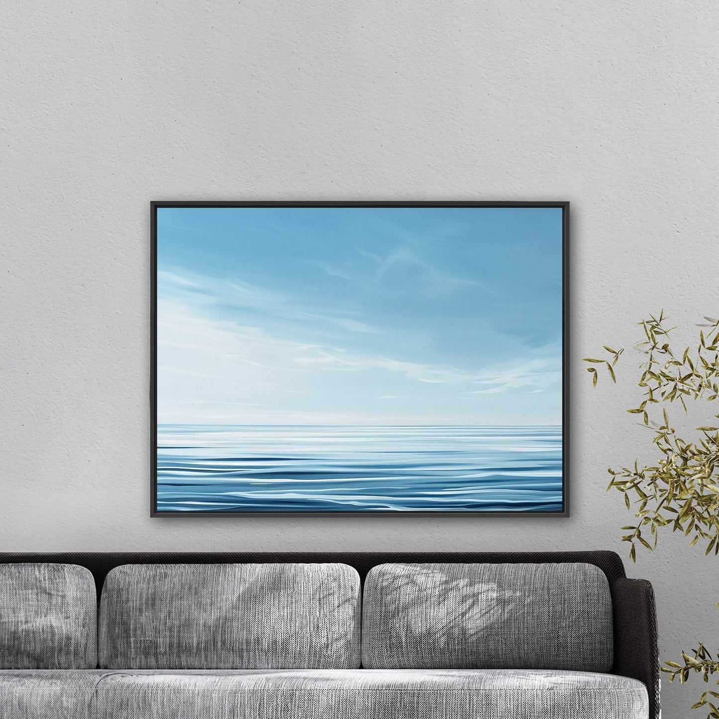 Minimalist abstract brush stroke painting of ocean and blue sky - Serenity Sky Vision