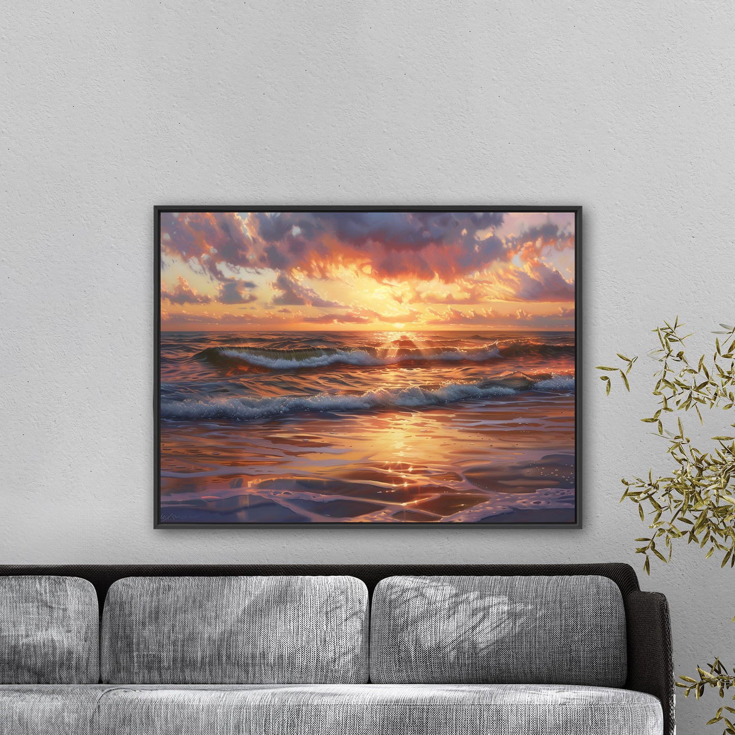 Seascape art piece capturing coastal tranquility - Coastal serenity Sunset Bliss