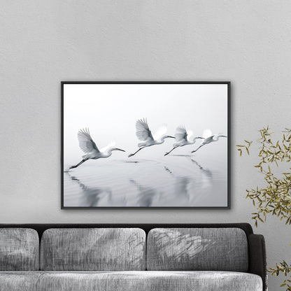 Tranquil wall art depicting elegant egrets flying over serene lake - Serene Flight