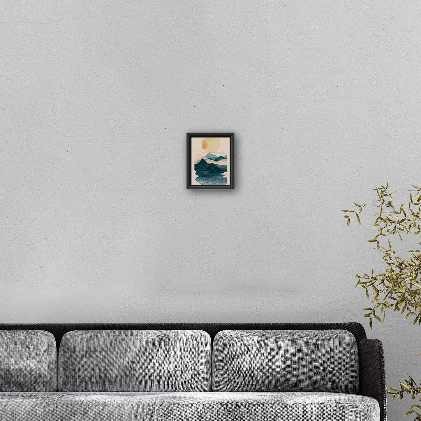 Abstract wall art featuring ocean waves, mountains, and sun - Tranquil Nature Revival