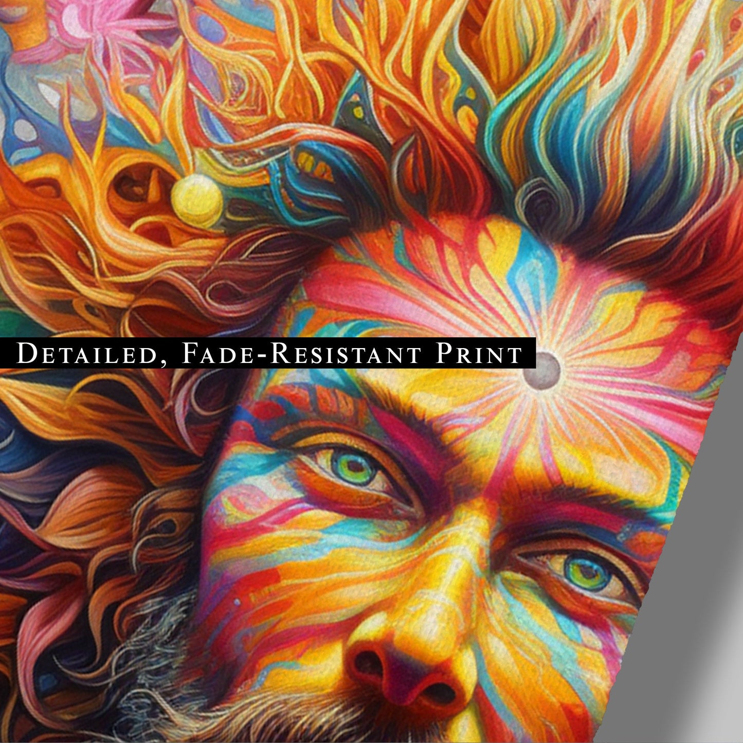 Psychedelic portrait of Oden with flowing rainbow hair