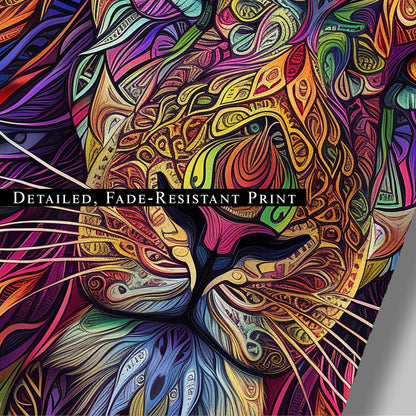 Multicolor Vibrant Digital Drawing of Majestic Lion Face - Lion's Vibrant Mandala Dance