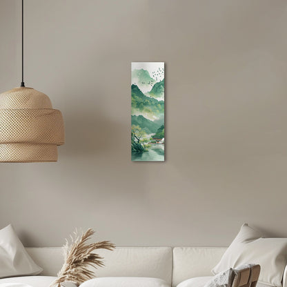 Asian Landscape watercolor with village and green mountains - Ethereal Spring Whispers