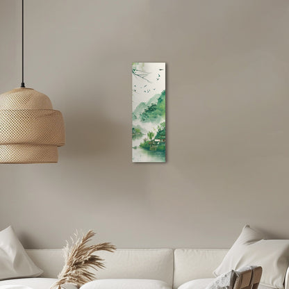 Enchanting spring scenery with green mountains and swallows flying above houses on riverbank, in traditional Chinese ink painting style - Serene Mountain Retreat