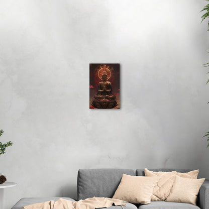 Buddha Statue in Lotus Position, Red Hues - Serene Ascension