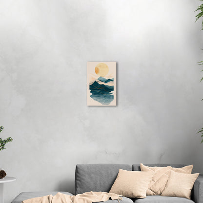 Abstract wall art featuring ocean waves, mountains, and sun - Tranquil Nature Revival