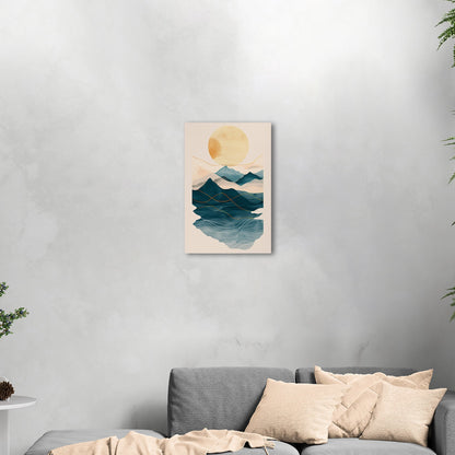 Abstract wall art featuring ocean waves, mountains, and sun - Tranquil Nature Revival