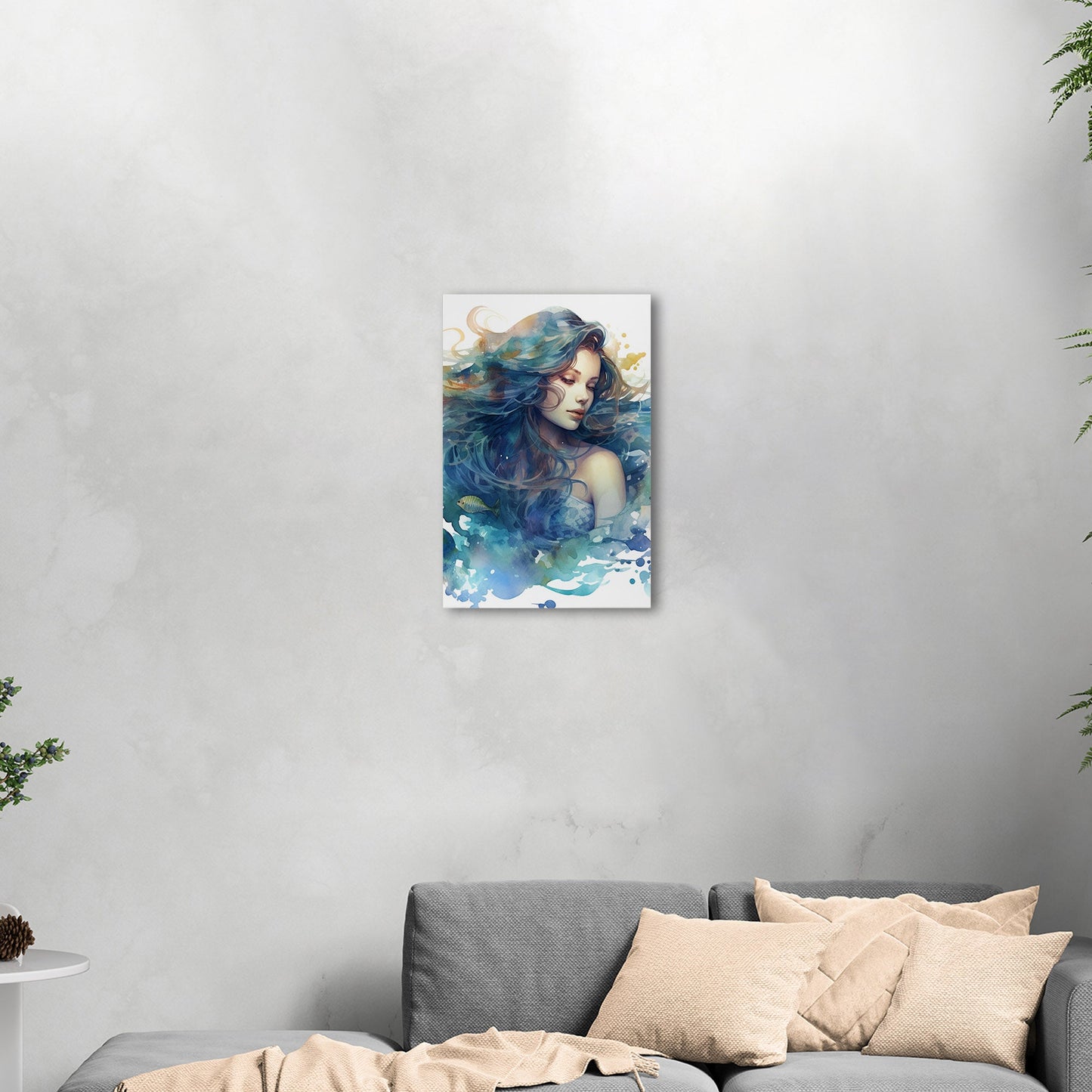 Watercolor Mermaid Portrait in Blue - Enchanting Mermaid's Mystical Underwater Dance