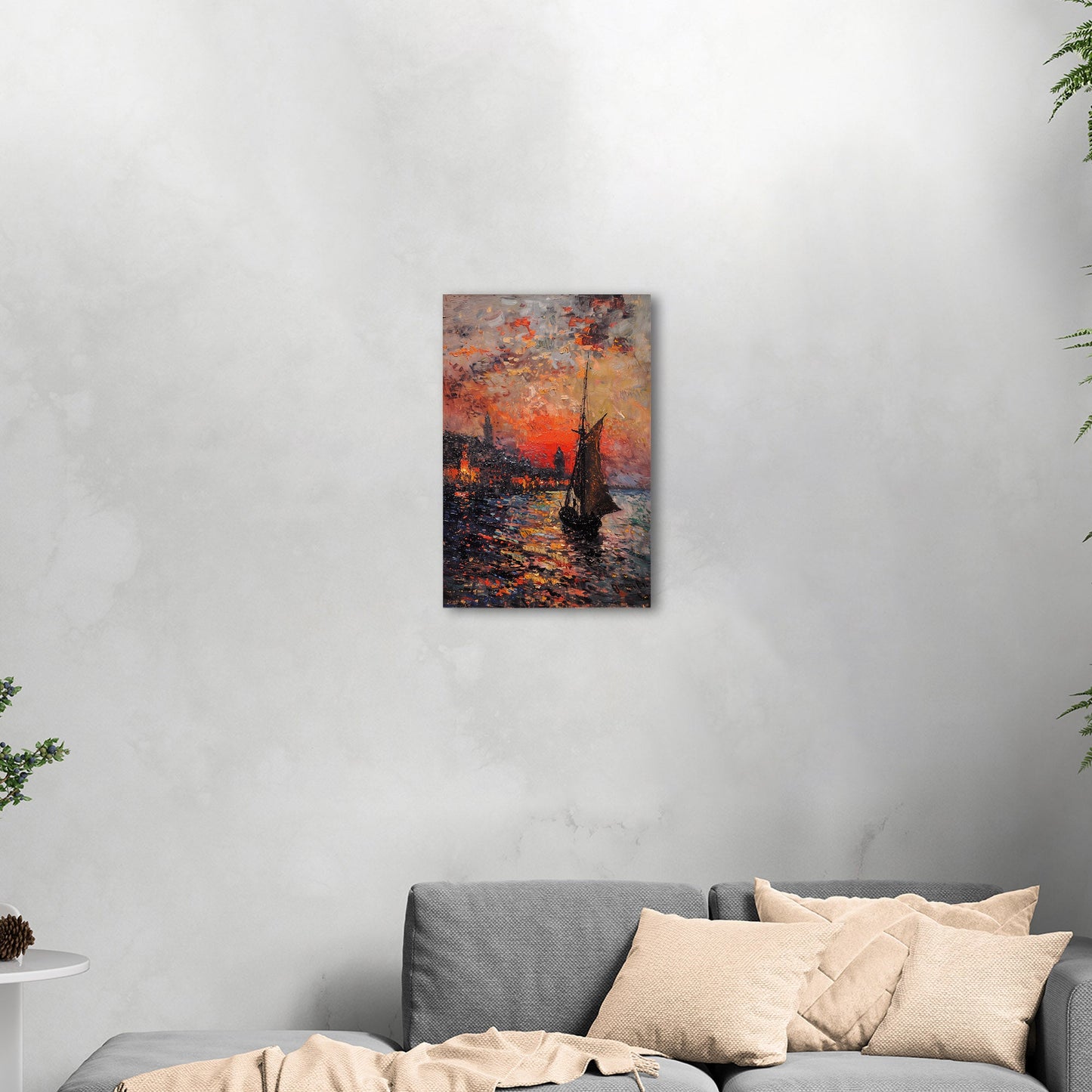 Impressionist Landscape of Sailboat Arriving at a Town - Sunset Dreams Over Lisbon Skyline Monetized