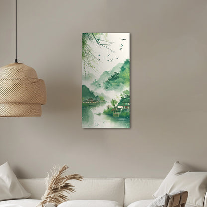 Enchanting spring scenery with green mountains and swallows flying above houses on riverbank, in traditional Chinese ink painting style - Serene Mountain Retreat