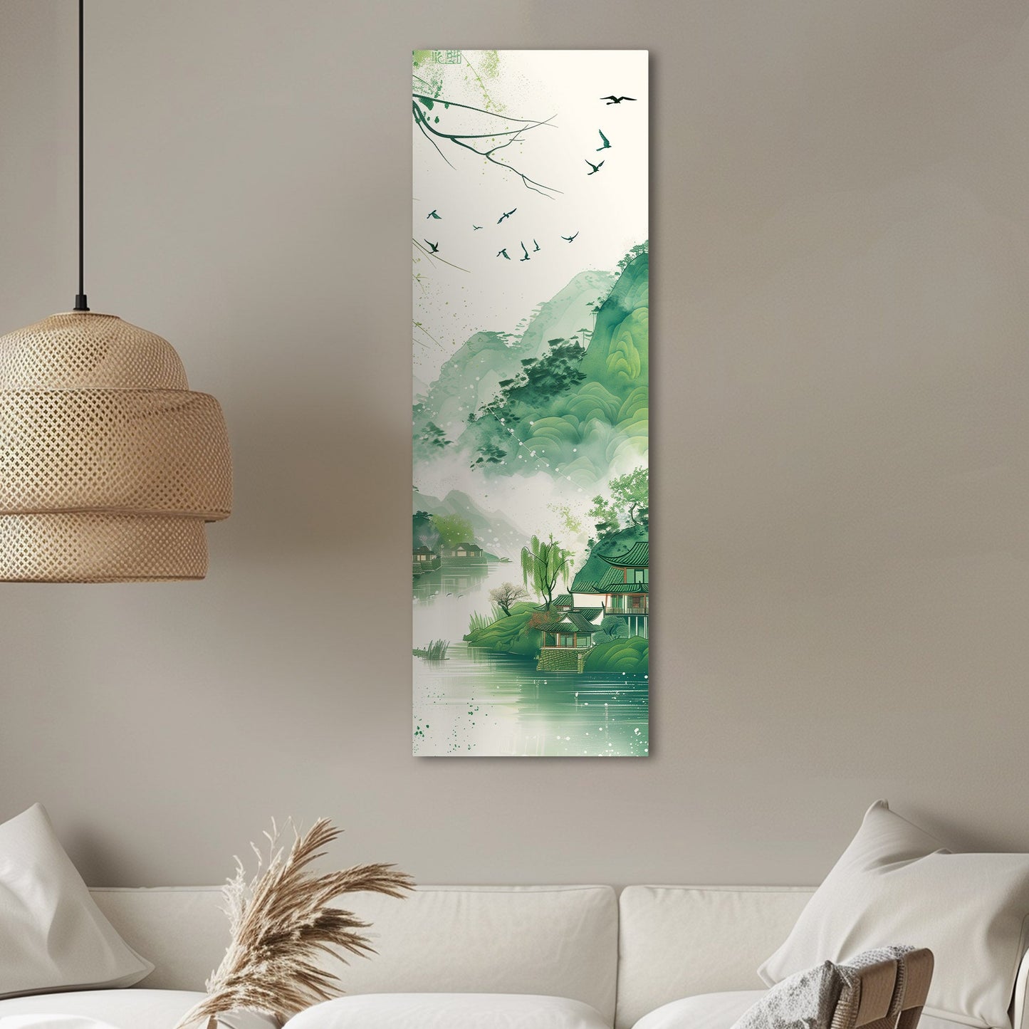 Enchanting spring scenery with green mountains and swallows flying above houses on riverbank, in traditional Chinese ink painting style - Serene Mountain Retreat