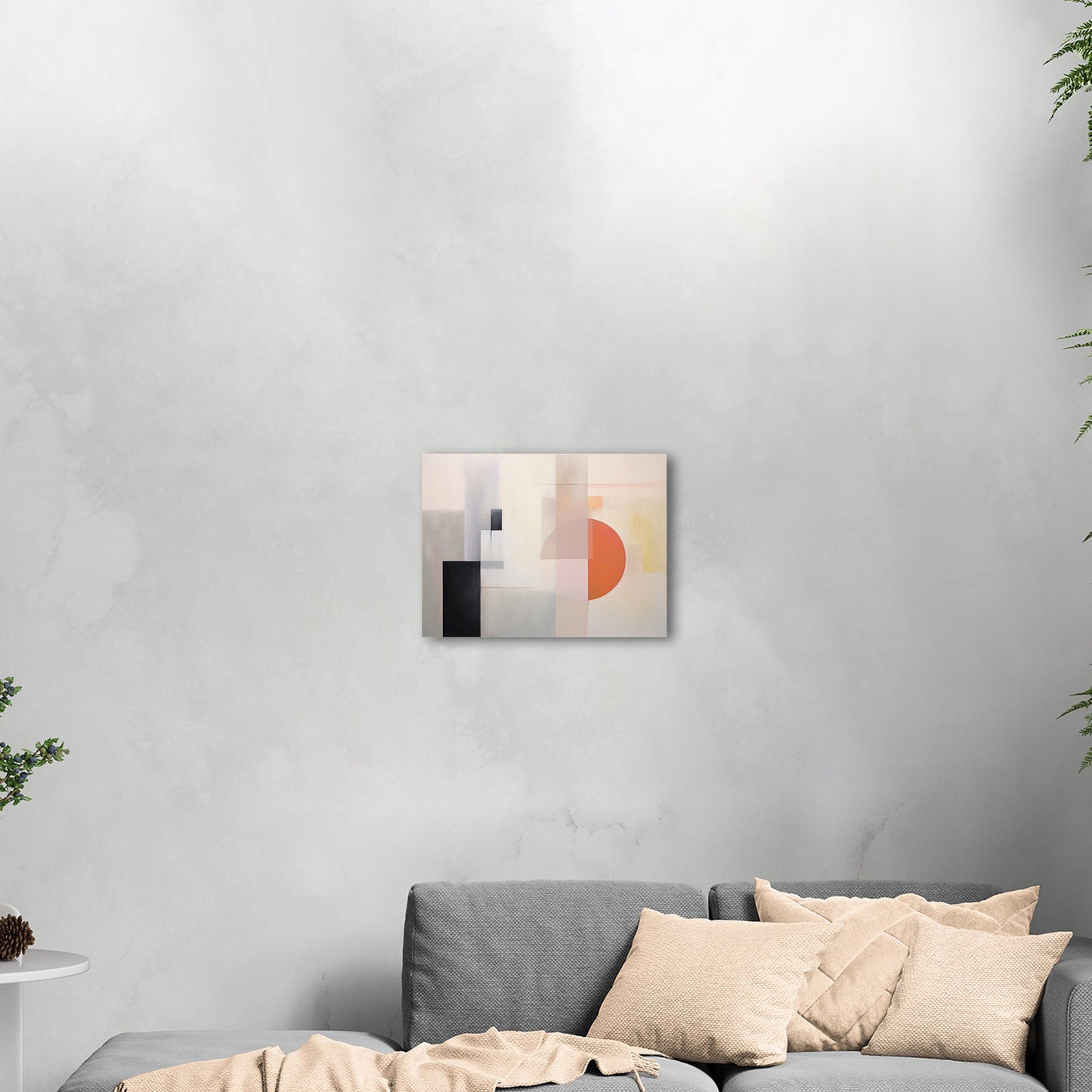 Abstract Geometric Black, Grey, Orange Shapes Painting - Mystic Horizon