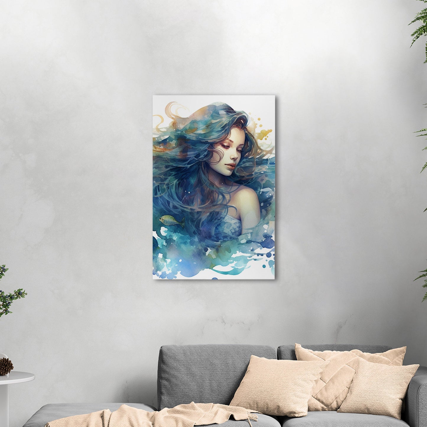 Watercolor Mermaid Portrait in Blue - Enchanting Mermaid's Mystical Underwater Dance