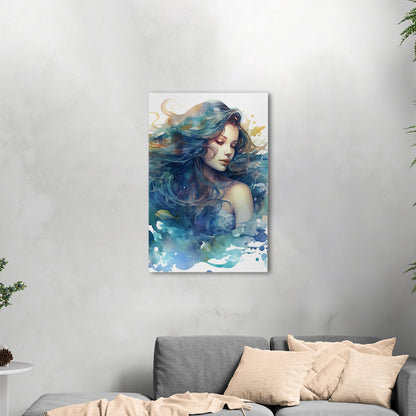 Watercolor Mermaid Portrait in Blue - Enchanting Mermaid's Mystical Underwater Dance