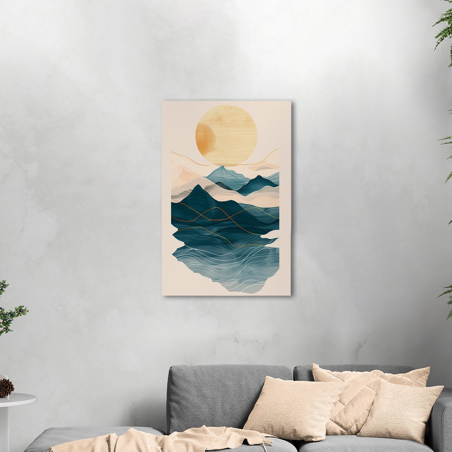 Abstract wall art featuring ocean waves, mountains, and sun - Tranquil Nature Revival