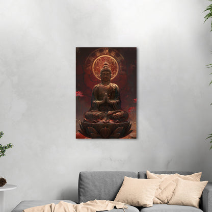 Buddha Statue in Lotus Position, Red Hues - Serene Ascension