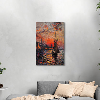 Impressionist Landscape of Sailboat Arriving at a Town - Sunset Dreams Over Lisbon Skyline Monetized