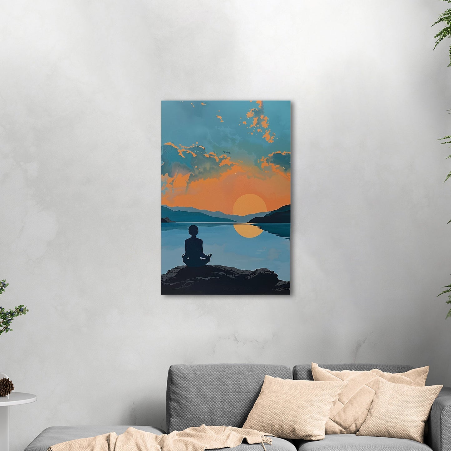 A serene landscape with a person meditating at sunrise: Transcendental Dawn Awakening