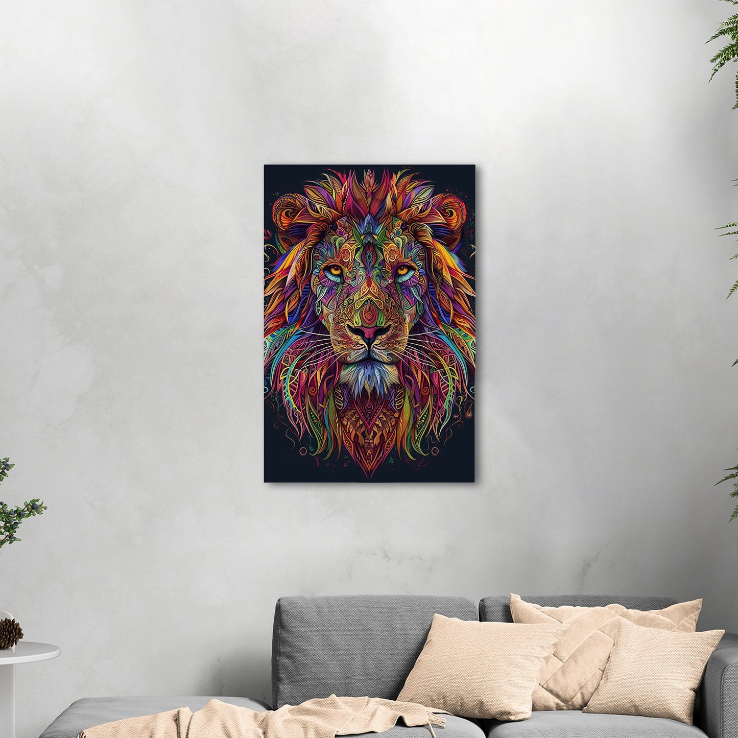 Multicolor Vibrant Digital Drawing of Majestic Lion Face - Lion's Vibrant Mandala Dance