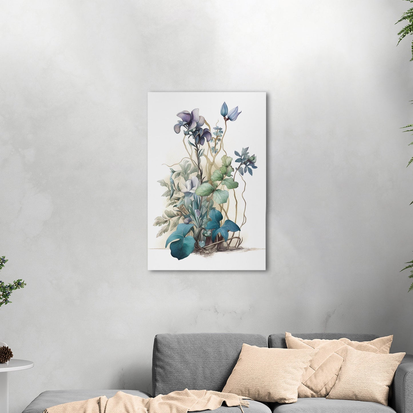 Watercolor of Wildflowers in Blues, Teals and Greens - Botanical Elegance