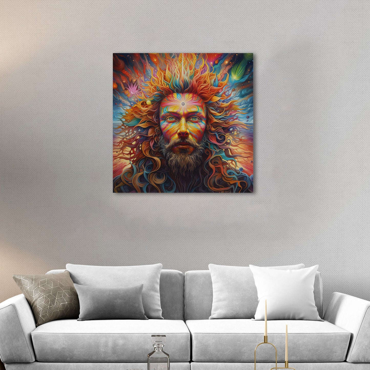 Psychedelic portrait of Oden with flowing rainbow hair