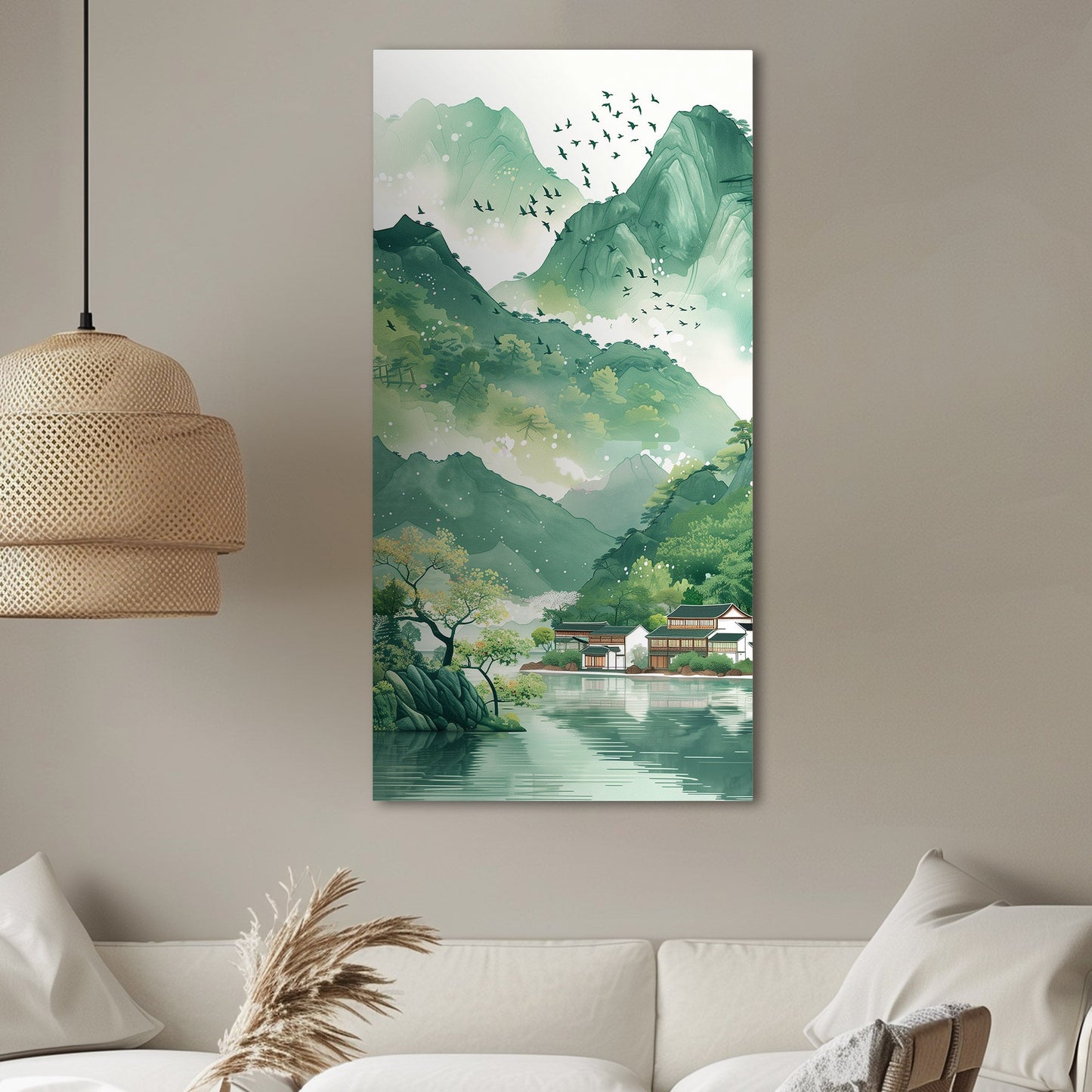 Asian Landscape watercolor with village and green mountains - Ethereal Spring Whispers