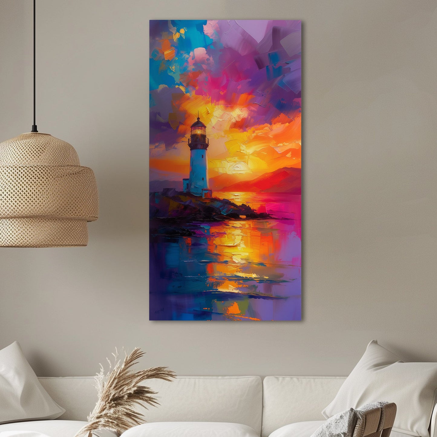 Tranquil ocean lighthouse at sunset - Serenity Reflects Hope